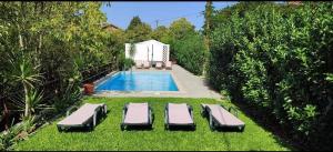 阿马兰特Casa da Vovó (Casa do Tapado)的草地上的一个游泳池,旁边设有两张躺椅