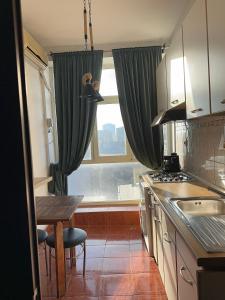 布加勒斯特Downtown Studio Calea Victoriei的厨房配有绿色窗帘、桌子和窗户