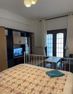 布加勒斯特Downtown Studio Calea Victoriei的一间卧室配有一张床、一张桌子和一台电视