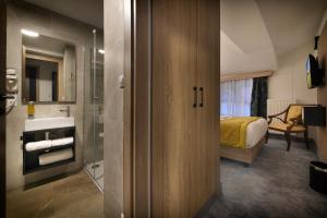 赫林斯科Vysocina Design Apartments的带淋浴的浴室和1间带1张床的卧室