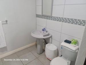 棕榈滩Sandcastle Beach Apartments的白色的浴室设有水槽和卫生间。