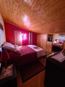 佩尼亚什达绍迪Casa dos Pinheiros - Serra da Estrela的木制客房内的一间卧室配有一张大床