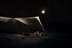史特林Olden Glamping - One with nature的黑室床上的一束玫瑰