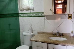 圣阿马鲁-达因佩拉特里斯Casa rústica pertinho das águas的一间带卫生间、水槽和镜子的浴室