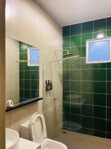 拿笃The DreamHouse Homestay的一间带卫生间和玻璃淋浴间的浴室