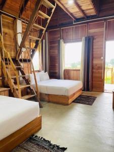锡吉里亚Prana Ayurveda Chalet- Sigiriya的一间卧室设有两张双层床和梯子