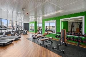 迪拜Newly Built Luxury Apt - Pool的一个带绿色墙壁和跑步机的健身房