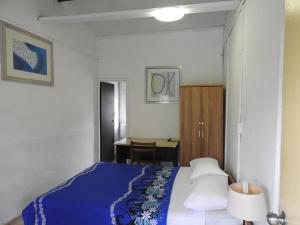 阿皮亚Olivias Accommodation的一间卧室配有蓝色的床和一张书桌