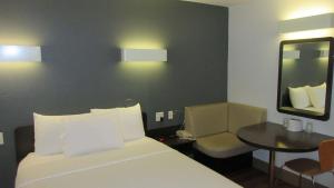 爱达荷福尔斯Econo Lodge的一间卧室配有一张床、一张桌子和一面镜子