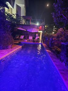 乌巴图巴Apartamentos Casa da Pedra的游泳池晚上有紫色灯光