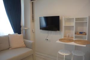 恰纳卡莱HOUSE KA HANIM的客厅配有沙发和墙上的电视