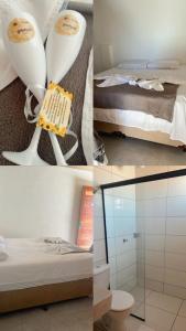 马塞约Pousada Girassol的一张床位和一个卫生间的房间的四张照片拼在一起