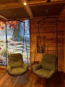 维林根NaturBoutique Hotel RAUSZEIT的小屋内带两把秋千椅的房间
