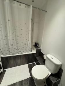 曼彻斯特Manchester Cosy flat close to City Centre and City stadium的浴室配有白色卫生间和淋浴。