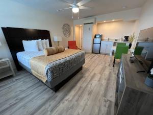 圣徒皮特海滩Beachside Resort Motel的一间设有床铺和厨房的大卧室