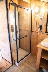 索尔陶Glampingzelt Heide - Lodge的浴室里设有玻璃门淋浴