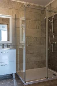 斯瓦讷克Bornholm Apartments的浴室里设有玻璃门淋浴