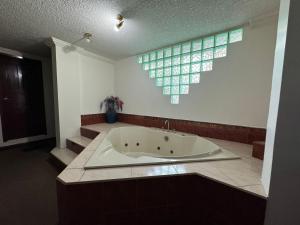 基多Suites & Hotel Gonzalez Suarez的带浴缸的浴室和窗户