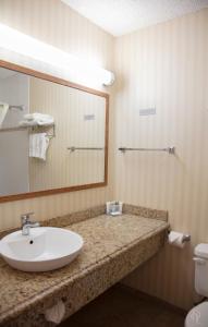 WestlockAll Stay Suites的一间带水槽、镜子和卫生间的浴室