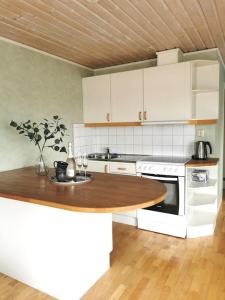 卡尔马Gästhus nära havet的厨房配有木桌和台面