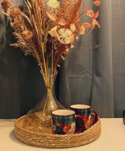 都柏林Blush Jungle的花瓶和桌子上的两个杯子