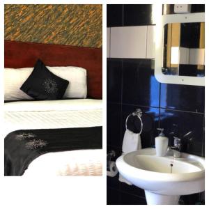 卡塞斯Sarf travelers motel的浴室的两张照片,配有一张床和一个水槽