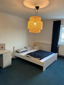 班贝格4rooms - Bamberger Gemütlichkeit的一间卧室配有一张床和一个吊灯
