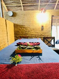 锡吉里亚Prana Ayurveda Chalet- Sigiriya的一间设有一张蓝色毯子和鲜花的床的房间