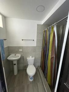 普拉亚斯Casa Halley #6 con vista al mar的一间带卫生间和水槽的浴室