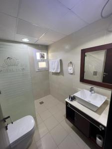 杜科姆Royal Land Deluxe Suites رويال لاند للأجنحة الفاخرة的一间带水槽、卫生间和镜子的浴室