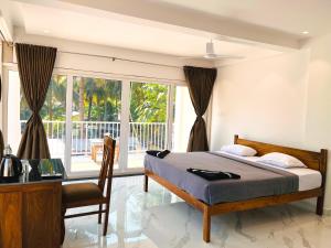 帕罗林Crystall Goa Palolem的一间卧室配有一张床、一张书桌和窗户。