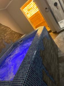 索科矿泉村Fenix Apartments的蓝色瓷砖地板的客房内的热水浴池