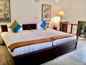 ArawwawalaCaptain's Bungalow, Kandy的一间卧室配有一张带蓝色枕头的大床