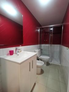 格拉纳达格拉纳达三一公寓式酒店的一间带卫生间和红色墙壁的浴室