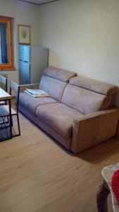 布伦托尼科Appartamento Milollo Polsa的客厅配有棕色沙发,配有冰箱