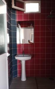 土巴迪亚劳Résidence Marie France MENDY的红色瓷砖浴室设有水槽和镜子