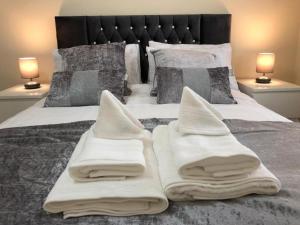 曼彻斯特THROSTLES NEST APARTMENTS的一张带白色毛巾和两盏灯的床