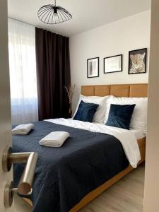 布拉迪斯拉发SkyNest B204的一间卧室配有一张大床和两个枕头