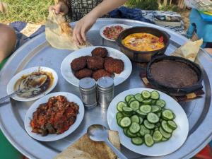 阿斯旺بيت شمس的餐桌上放有食物盘子的桌子