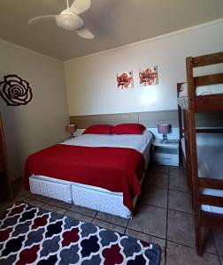 伊瓜苏POUSADA EVELINA的一间卧室配有一张带红色枕头的大床