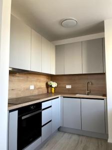 布拉迪斯拉发SkyNest B404的厨房配有白色橱柜和黑色洗碗机