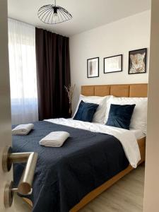 布拉迪斯拉发SkyNest B404的一间卧室配有一张带蓝色枕头的大床