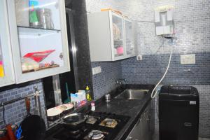 孟买Prince Solo Hostel的一间带水槽和炉灶的小厨房
