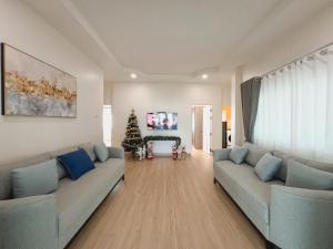 班昌Baan Naya ที่พักสัตหีบ的带沙发和圣诞树的客厅