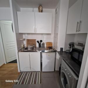 圣旺Saint Ouen Appartement cosy的小厨房配有白色橱柜和水槽
