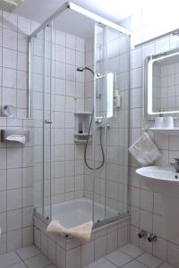 Großalmerode佐姆迦登斯蒂姆酒店的带淋浴和盥洗盆的浴室
