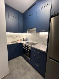 琴斯托霍瓦Apartamenty 77的厨房配有蓝色橱柜和水槽
