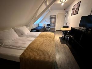 西泰尔斯海灵布伦酒店的一间卧室配有一张床、一张书桌和一台电视