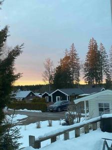 HerrekvarnHoliday home, by lake Simsjön and mountain Billingen的一座有房子和汽车的雪地覆盖的院子