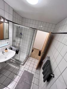 塞费塔尔Apartment Hölderlin的带淋浴和盥洗盆的浴室